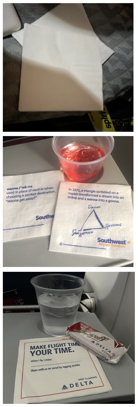 3 stacked photos of napkins, top photo plain on Spirit, middle photo on Southwest, bottom photo on Delta with cookies